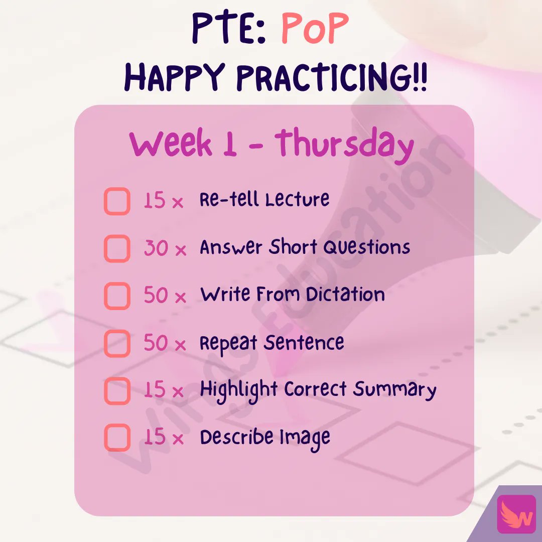 wingseduau's tweet photo. The PoP (Plan of Practice) for Thursday of Week 1 is attached to this post. Make sure to follow along during your studies and check off when you have completed them! ✅ #planofpractice #ptestudy #pte #nursing #wingseducation https://t.co/o0lurnt6VJ