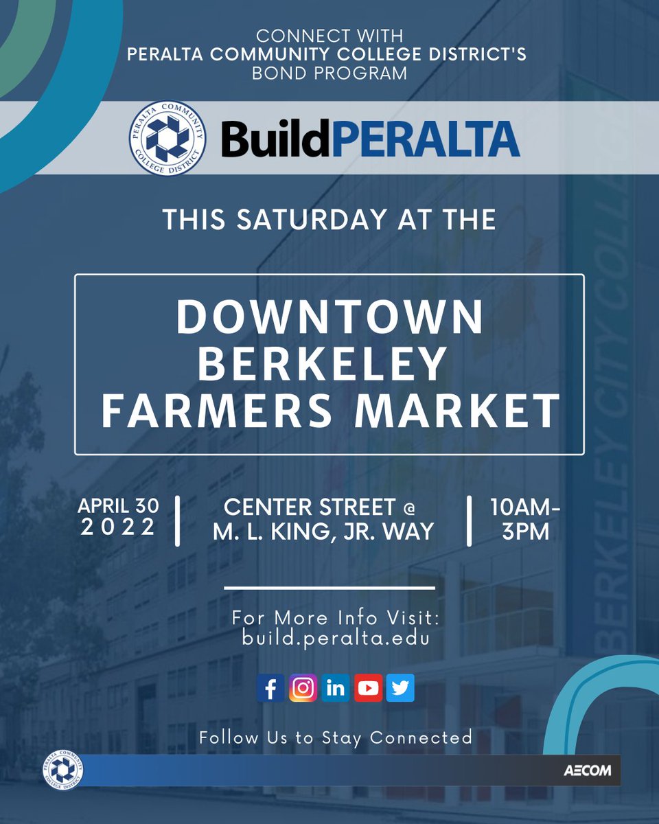 BuildPeralta's tweet photo. This Saturday - April 30th: Connect with us at the Downtown #Berkeley Farmers Market.

🔵  🔵  🔵 
Stop by our table to learn more about upcoming projects, events, &amp; ways to stay connected to the District’s Bond Program! 
🔵  🔵  🔵

#peraltacolleges #buildperalta
@EcologyCenter https://t.co/NgeVI9BkmB