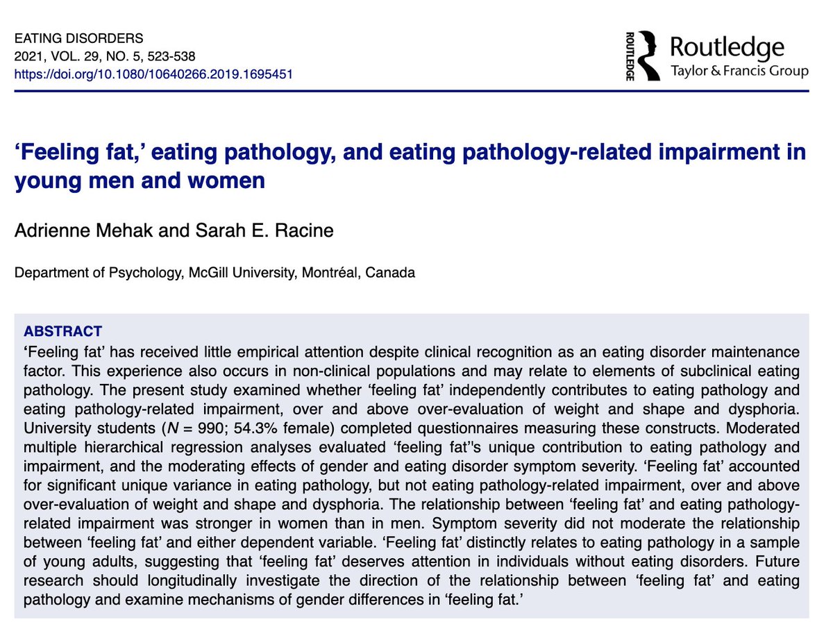 ED Journal of T&P (@edsjtp) on Twitter photo Continuing our feature of Articles of the Year...
By Adrienne Mehak & Dr. Sarah Racine (<a href="/DrSarahRacine/">Dr. Sarah Racine</a>):
Check out "'Feeling fat,' eating pathology, and eating pathology-related impairment in young men and women" here!: bit.ly/3OJuYtZ Continuing our feature of Articles of the Year...
By Adrienne Mehak & Dr. Sarah Racine (<a href="/DrSarahRacine/">Dr. Sarah Racine</a>):
Check out "'Feeling fat,' eating pathology, and eating pathology-related impairment in young men and women" here!: bit.ly/3OJuYtZ