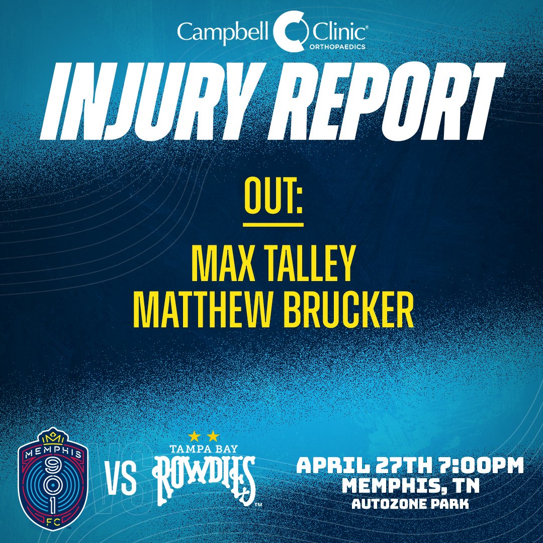 Memphis901FC's tweet photo. Tonight's @CampbellClinic Injury Report. 

#MEMvTBR // #DefendMemphis https://t.co/K1TK7fQwDs