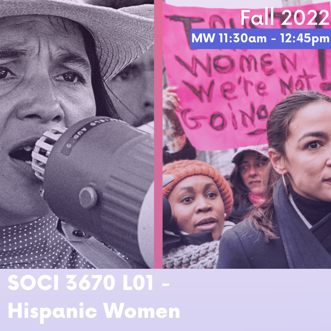 New course offering from our AAAS Affiliate faculty member, Dr. Clara Rodriguez.

SOCI 3670 L01: Hispanic Women
MW 11:30am-12:45pm

This course integrates readings from various disciplines and focuses on the experiences of Latinas in their home countries and the US.
