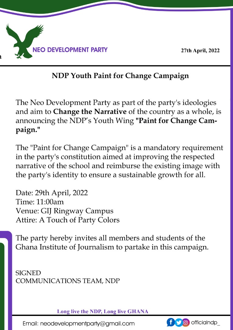 StephanieOsei8's tweet photo. A "Change in the Narrative" isn't a statement just made, it's the actions that can effect the change.
Come join the NDP Youth Wing for this massive activity!!!!
#ndp
#Y3sisamu
#y'abanay'aba
#development4all https://t.co/Vm1lo4bnkk