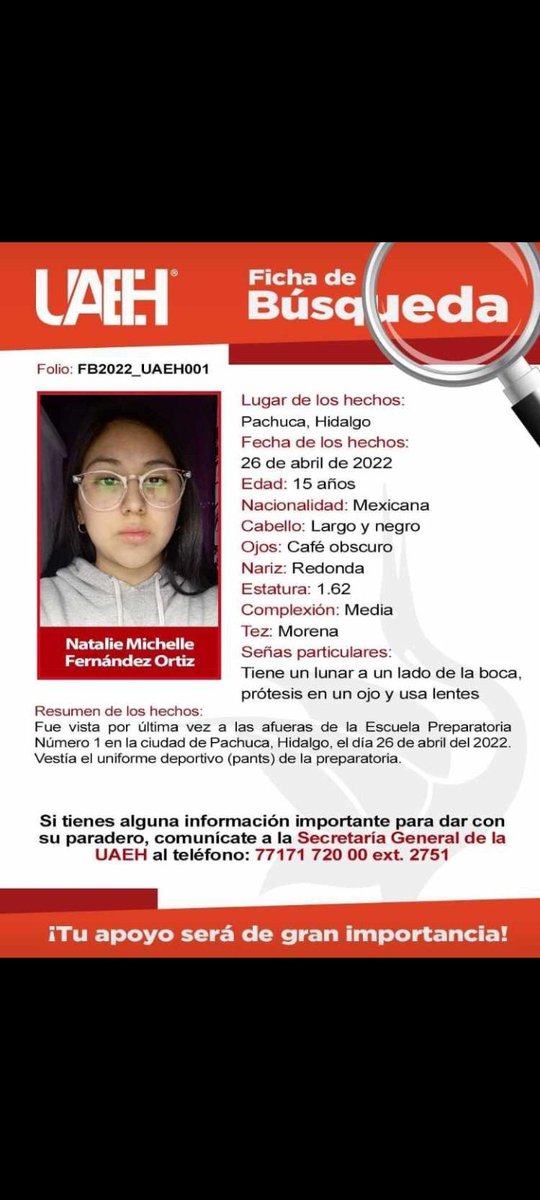 Esta chica de tan solo 15 años se encuentra desaparecida su nombre es: Natalie, lugar de desaparición Pachuca Hidalgo. Alzaste la voz por Debahni ahora es turno Natalie, comparte y difunde. #DebahniEscobar
