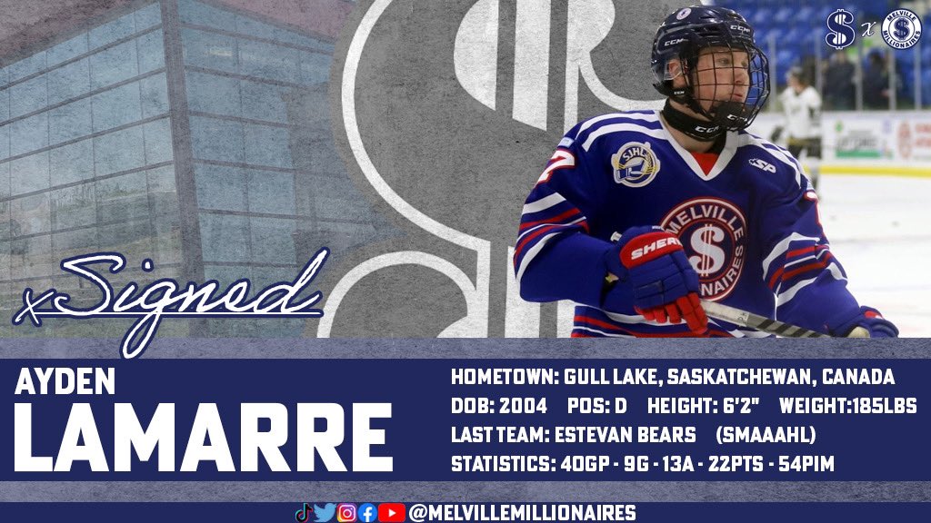 MLVMillionaires's tweet photo. 🖊 SIGNING ANNOUNCEMENT 📄 

The Melville Millionaires have signed 2004 Born, Ayden Lamarre..

The 6’2” Blueliner spent last season with the Estevan Bears of the SMAAAHL where he led all graduating (2004 Born) Defensemen in goals scored..

Welcome Ayden! 💵💰 

#GoMoney https://t.co/xsThr6qBrx
