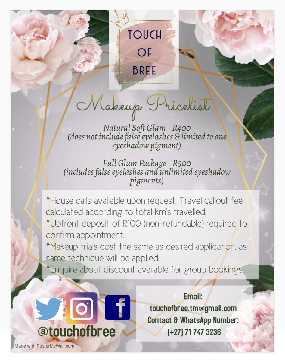 TouchofBree's tweet photo. @NeoentleLebogo_ @BITTERSWIT_ Hi there Neoentle

Apologies for the late response. These are the official pricelists, and I do do house calls.

I can call you back, or feel free to whatsapp the number below 😊✨ https://t.co/PmVrVwEoRf