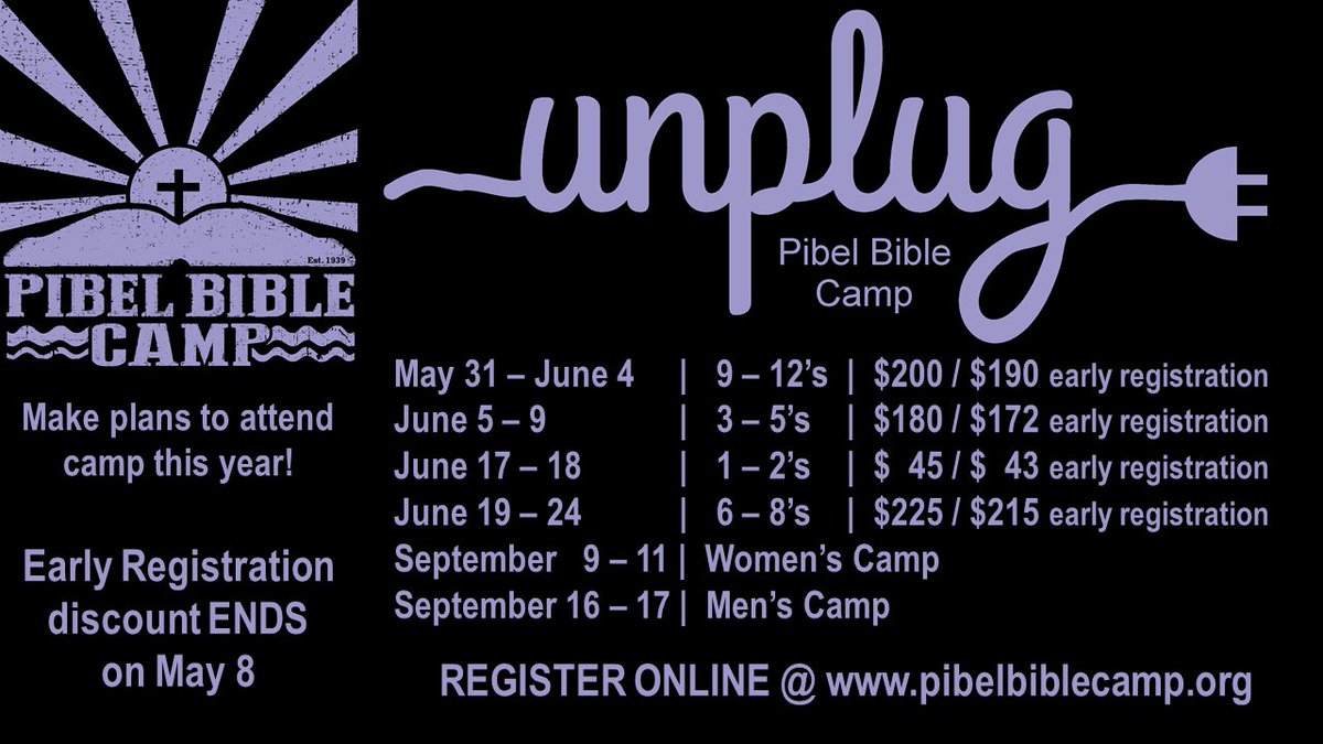 Take a moment and get pre-registered for CAMP.  Early discount deadline of MAY 8 is fast approaching!

pibelbiblecamp.org/registration.h…
