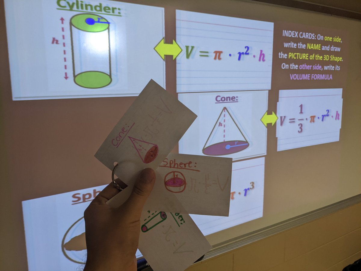 MisterWippel's tweet photo. We made index cards of our 3 volume formulas (cylinder, cone, sphere). Then, we hooked them together w/book rings so we could flip between them with ease! Students will need to memorize them soon...so naturally we needed to quiz each other. @IMS_Indians @collierschools https://t.co/vJ0dgg9xIM