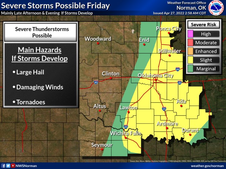 Friday will bring a chance for thunderstorms to develop along a dryline that will be just west of I-35. A strong cap will be in place that could prevent storms. If storms develop, they will likely be severe with the potential for large hail, damaging winds and tornadoes. #okwx