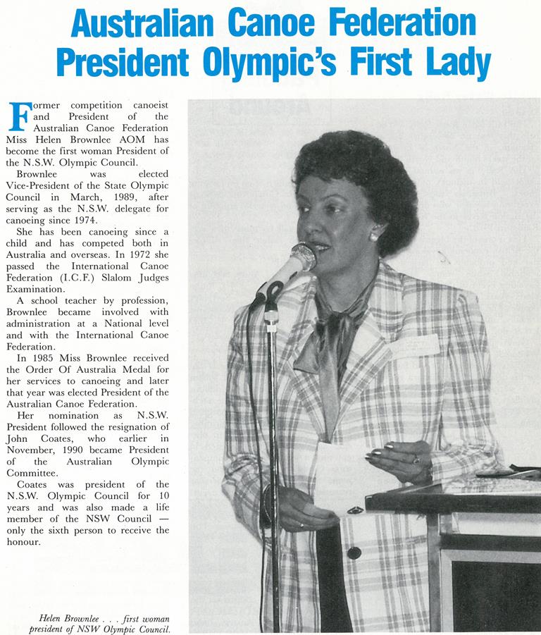 Saturday's <a href="/AUSOlympicTeam/">AUS Olympic Team</a> AGM sees one of the great Australian sports administrators Helen Brownlee AM stepping down from her position as Vice-President

For over 50 yrs she has been a pioneer for women in sport, achieving many firsts, including first AOC woman VP

1990s article