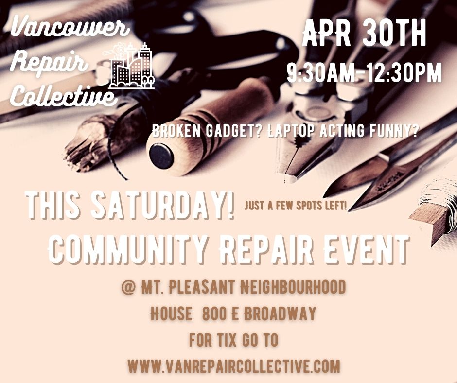 As part of the Vancouver Repair Collective, Free Geek are holding a community repair event this Saturday! Come with your broken laptop and learn how to fix them for next time. 
Book one of the last (free) spaces while you can - vanrepaircollective.com
