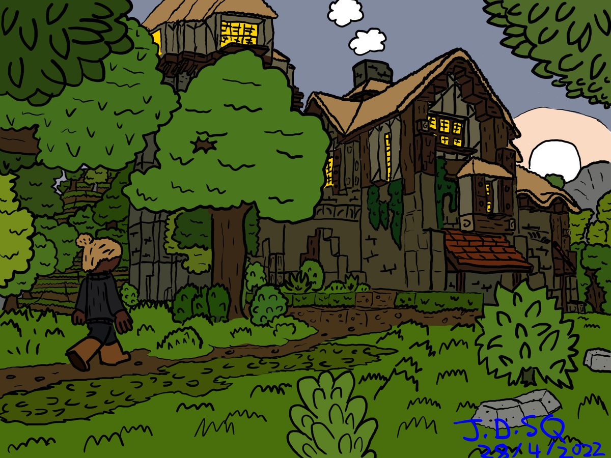 JonDsquirrel's tweet photo. #Hytale #Hytalefanart #Hytalecreateathon
After a hard days work, an Avatar walks home to find the house lit. puffs of smoak are billowing from the stumpy chimney, the signs that her friend has lit the fireplace, a perfect evening to rest and discuss the mysteries of Orbis. https://t.co/1LwjxQVKGp