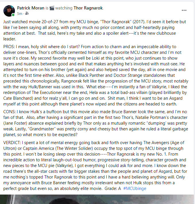PatrickMoranTB's tweet photo. MCU binge 20-of-27 chronologically. "Thor Ragnorak" (2017). Here's my take and grade, easier to just cut-and-paste from my Facebook. Yep, DEFINITELY my clubhouse leader now #MCUbinge https://t.co/LkC6hTuZss