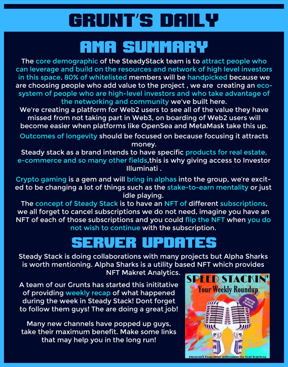 grunts_d's tweet photo. "Knowledge is the true organ of sight, not the eyes"
The AMA summary is here! 
@SteadyStackNFT  shakes hands with @AlphaSharksNFT 
#Grunts have started a podcast where they will be discussing weekly server updates!
#GruntsDaily https://t.co/6wcAcRZ08g