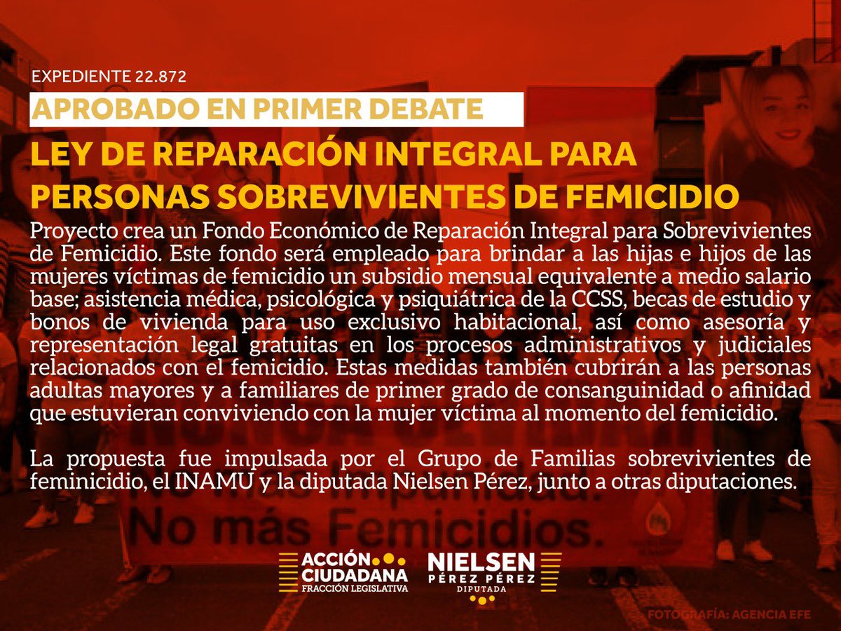 También logramos el día de ayer, que se aprobara en 1 debate este proyecto que presenté, elaborado y coordinado con INAMU, para hacer justicia a las familias sobrevivientes de femicidio y que esperamos haya posibilidad de aprobarlo en 2 debate antes del 30 de abril 🙏🏼
