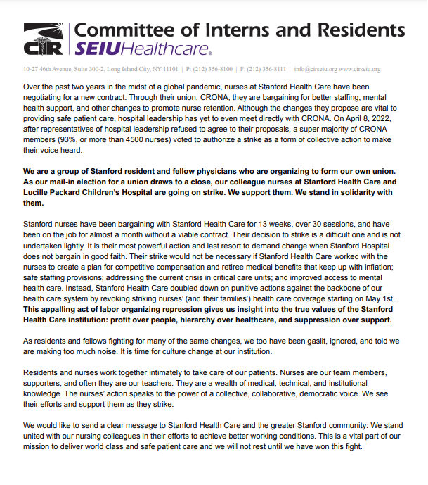 cirseiu's tweet image. In solidarity with their striking @CRONAnurses colleagues, the Stanford residents and fellows organizing their own union have a message for @StanfordHealth. 
bit.ly/3rVvaMX