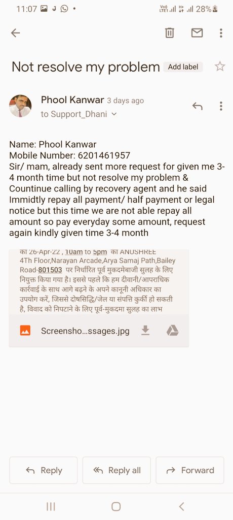 PhoolKanwar16's tweet photo. Take action against to @dhanicares @IVLSecurities I will complain @RBIsays @PMOIndia @Cyberdost because dhani recovery agent continues calling me &amp; harassed, immidetaly repay all due amount or send a legal notice my phone by massage https://t.co/GEHp6nS0Ic