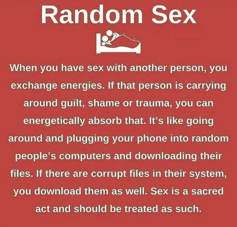 PureRetainer's tweet photo. Sex is not only a physical act but also a spiritual one. 

Everytime you have sex with someone, you exchange energies with each other.

So carefully chose who you become intimate with, and avoid random sex and hookups.

#semenretention 
#nofap 
#motivation https://t.co/ZshObFL0Rg