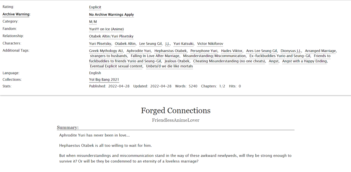 First chapter of my fic written for the <a href="/yoibang2021/">Yuri!!! On Ice Big Bang @ posting</a> is now up on Ao3!!! I had absolute //honor// of working with <a href="/Koyomu13/">Koyomu rule 34!</a> who has created STUNNING art!!!

Featuring Yuri and Otabek as Aphrodite and Hephaestus, I now present "Forged Connections!"

Link:
archiveofourown.org/works/38654934…