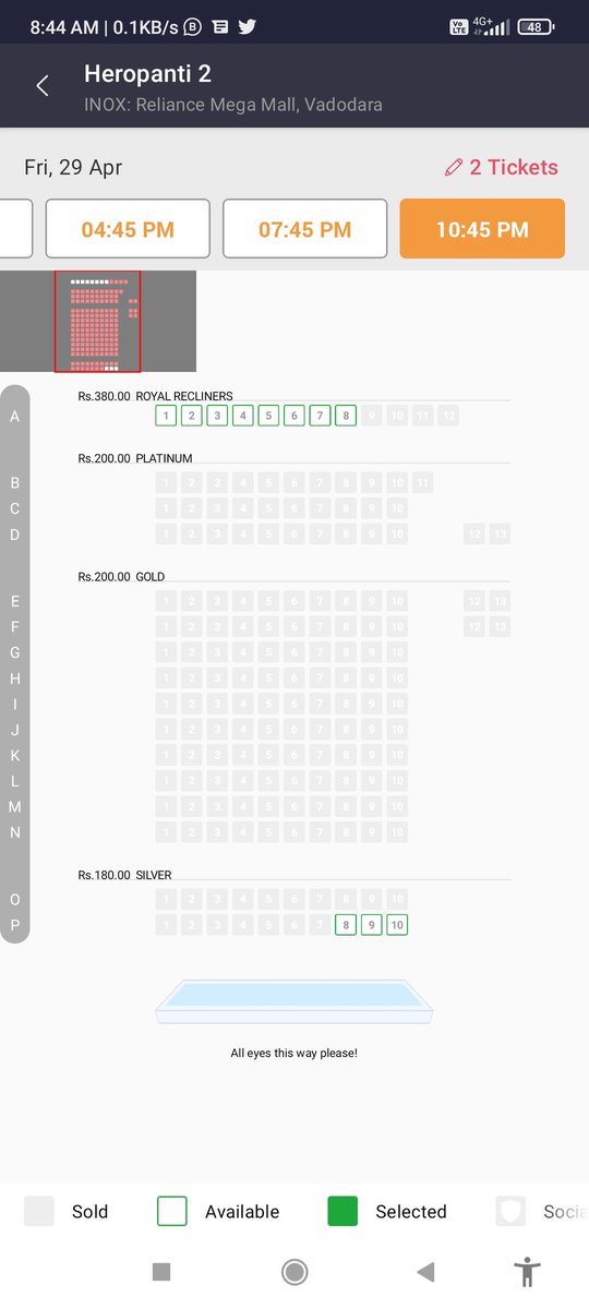 2. Movie: Heropanti 2 Location: Vadodara Inox Can you see the same pattern of booking in all shows?