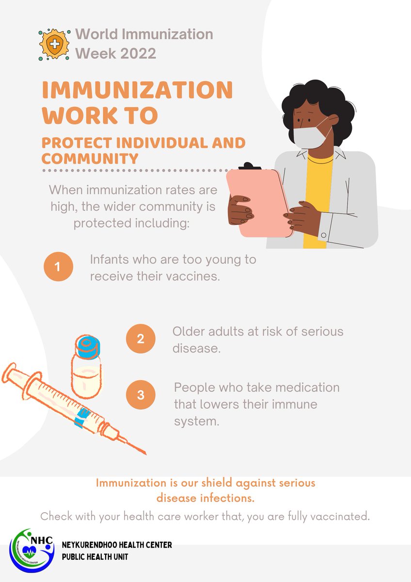 NEYKURENDHOO_HC's tweet photo. Vaccines protect higher-risk groups such as health and essential workers, displaced populations, and communities at-risk for outbreak-prone diseases.
#WorldImmunizationWeek2022 
#Longlifeforall https://t.co/iUhHTTiDoK