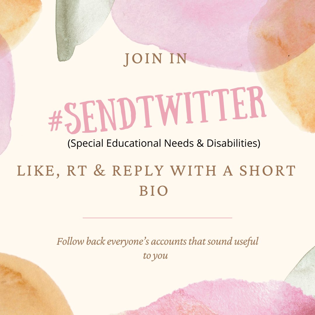 Pls RT ☺️

💥Thursday’s #SENDTwitter is BACK! 💥

Everyone who parents/supports/teaches children with Special Educational Needs &amp; disabilities (SEND) is welcome

How to join in

👍 Like &amp; RT this tweet

 ✍️ Reply with your bio &amp; # #SENDTwitter 

😃 Follow all the lovely people!