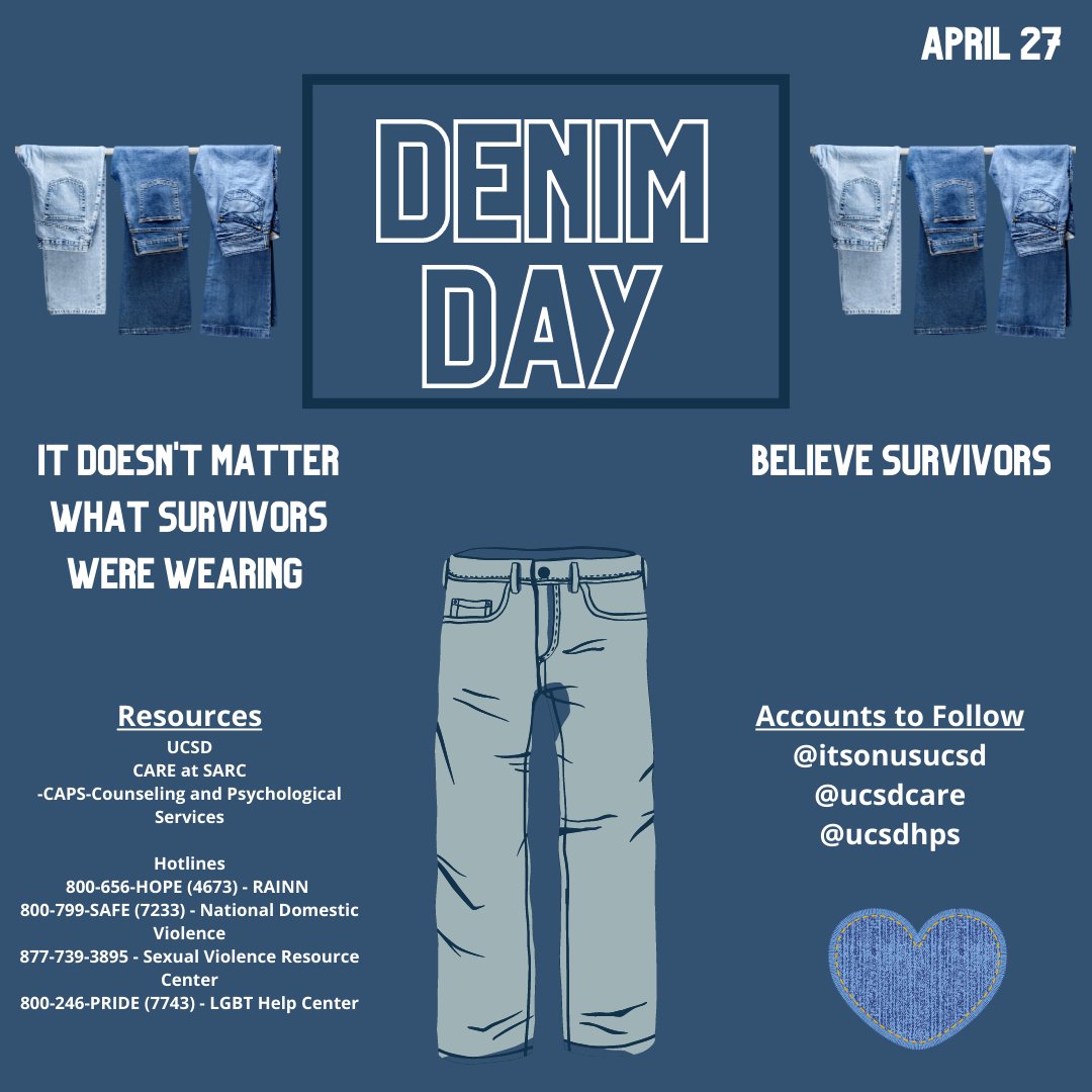UCSDWC's tweet photo. We believe survivors and stand in solidarity with them. Here are a couple of resources to follow as well as contact information. 💙 👖 

#SAAM2022 #BelieveSurvivors #DenimDay #Awareness #WeAllCare #Consent #UCSD #WomensCenter https://t.co/1I7gQNycTw