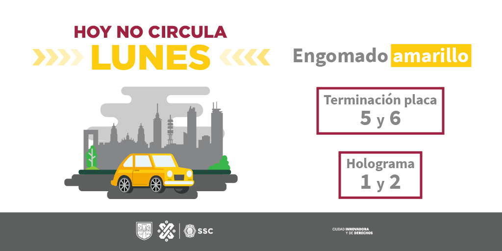 OVIALCDMX's tweet photo. Recuerda, el programa #HoyNoCircula para el día de mañana, aplica para los vehículos con holograma 1 y 2, engomado amarillo y terminación de placas 5 y 6. https://t.co/Yqe7imufdd
