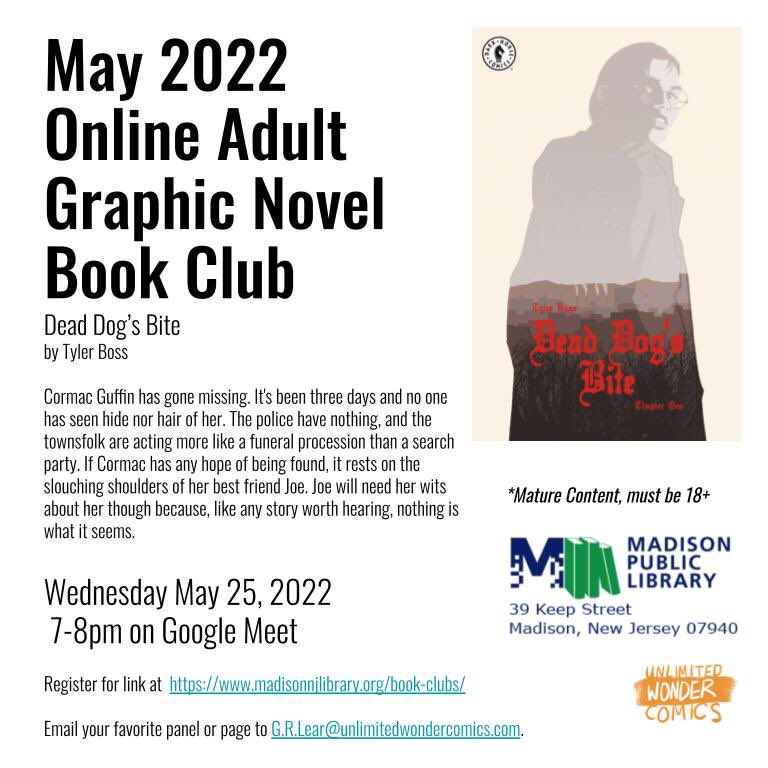 UnlimitedWonder's tweet photo. Mayโs choice for the online #graphicnovelbookclub is โDEAD DOGโS BITEโ by @BoyCartoonist . Read the book and join us for the discussion online on May 25 at 7pm.
Register to receive the Google Meet link here:
https://t.co/0I63FbwJ5N
#comics #greatcomics #bosscomics https://t.co/mieAwRzB6w