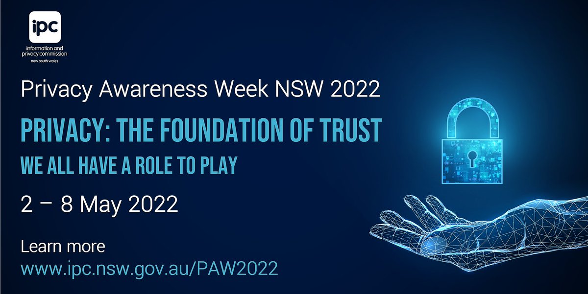Privacy Awareness Week NSW 2022 starts next week and the theme is Privacy: The foundation of trust – we all have a role to play.
See what’s on and get involved: ipc.nsw.gov.au/PAW2022
#PrivacyAwarenessWeek #PAW2022