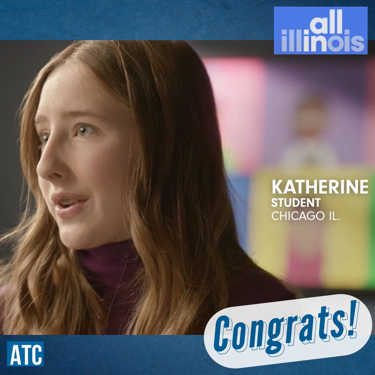 theActorsTrgCnt's tweet photo. Help us give a big shoutout to ATC student, Katherine Schell, who was cast in the "All In Illinois COVID-Vaccine" campaign!! We're very proud of all your hard work & your honesty on screen--keep it up, Katherine! #train2work #processoverproduct #train2act #actorstrainingcenter https://t.co/ItlE5BJz23