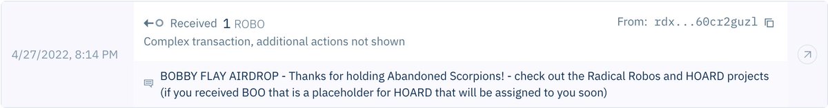 Holders of <a href="/AbandonedScorps/">🦂 Abandoned Scorpions 🦂</a> check your wallets! My tribute to the Scorp community! 

There is either a <a href="/radical_robos/">Radical Robos</a> or <a href="/HOARDTOKEN/">HOARD</a> waiting for you! 1018 NFTs -- 50k $XRD in value delivered to Scorp holders.  LFG