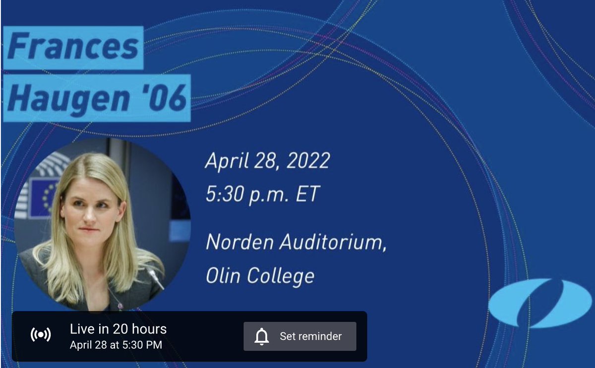 OlinCollege's tweet photo. .@FrancesHaugen '06 will be speaking live from Olin College of Engineering in 20 hours. We'll be streaming: Ethics + Accountability in Tech from Norden Auditorium. Tune in on this webpage: https://t.co/9xBcRartlO #OlinAlumni #Ethics https://t.co/Xdv9rHVIMz