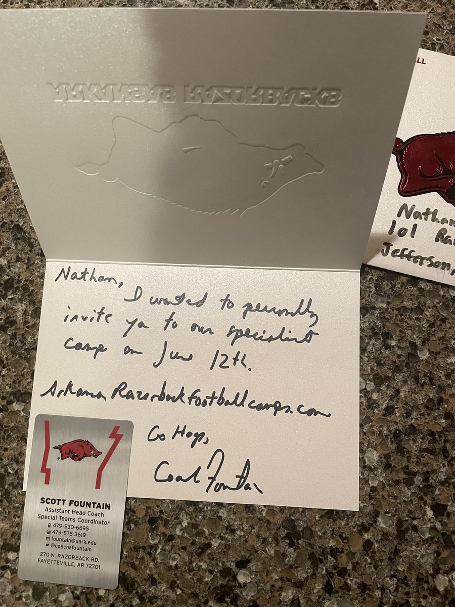 nathanbehne's tweet photo. Thanks for the invite!🏈🐗 #GoHogs @RazorbackFB @CoachSFountain https://t.co/nFpuA3rXUy