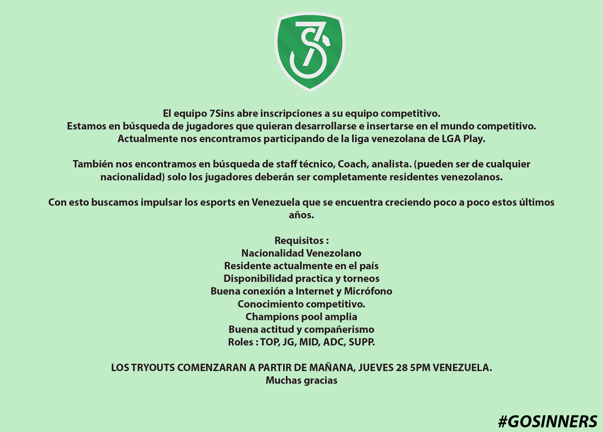 FORMULARIO: forms.gle/8ceMzC5sh32cZD…
LOS TRYOUTS COMENZARAN A PARTIR DE MAÑANA, JUEVES 28 5PM VENEZUELA. <a href="/BusquedaEsports/">Búsqueda Esports</a> <a href="/7SinsSinners/">7Sins</a>