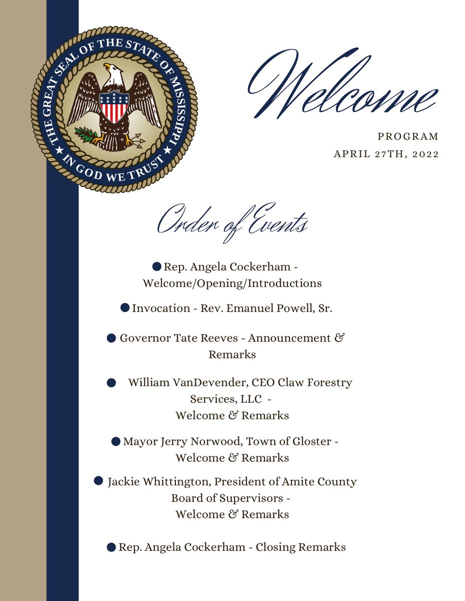 repcockerham's tweet image. Thank you Gov @tatereeves for coming to Gloster to announce the major economic development in SW Mississippi. Thank you to Claw Forestry Services for setting roots in Gloster. This $200 million investment will directly provide 130 jobs and indirectly provide up to 200 other jobs