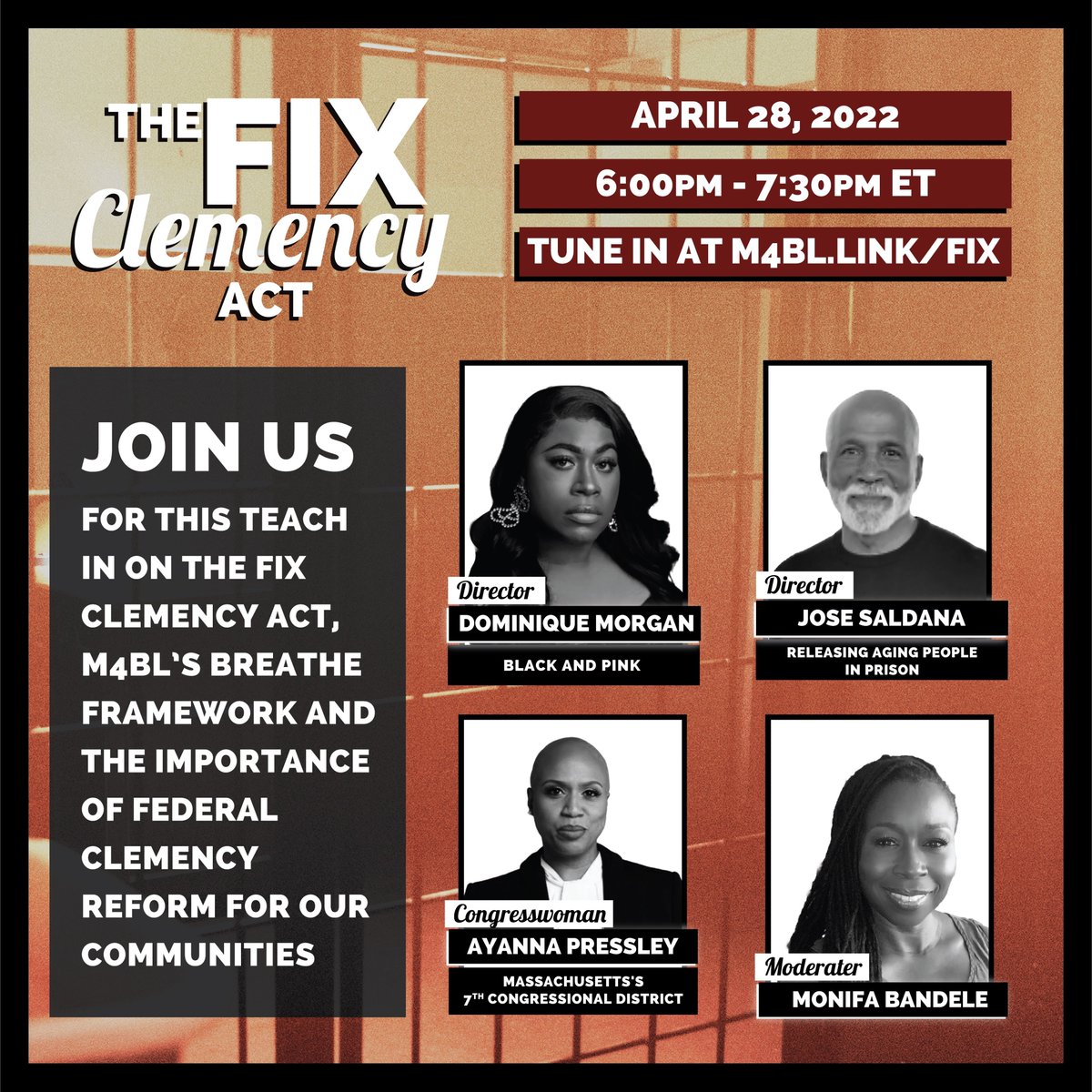 RepPressley's tweet photo. The power of clemency is immeasurable.
We must do everything we can to #EndMassIncarceration and address the hurt inflicted by our criminal legal system.
Join us tomorrow @ 6pm ET to discuss my #FIXClemencyAct and how we can do just that: https://t.co/EzIWjlrUVu https://t.co/uFWOKzuD5H