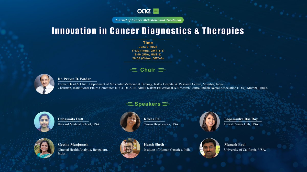 #CancerDiagnostics #CancerTherapies
📢👏🔥 Save the date! 
A new exciting webinar 'The latest innovation in cancer diagnostics and therapies'chaired by Dr. Pravin D Potdar is coming!
📅DATE: June 6
👉Register: jcmtjournal.com/journal/webina…