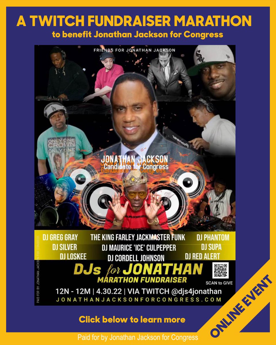 CongressJackson's tweet photo. Come meet me at the Bassline an event featuring the "DJs for Jonathan Marathon Fundraiser" this Saturday, April 30th from 2-6 pm.
#JacksonForCongress #JonathanJackson #JonathanForCongress #VoteJackson #JacksonFamily
RSVP NOW: https://t.co/onhfcGIUX8 https://t.co/SHBrdrCEeM