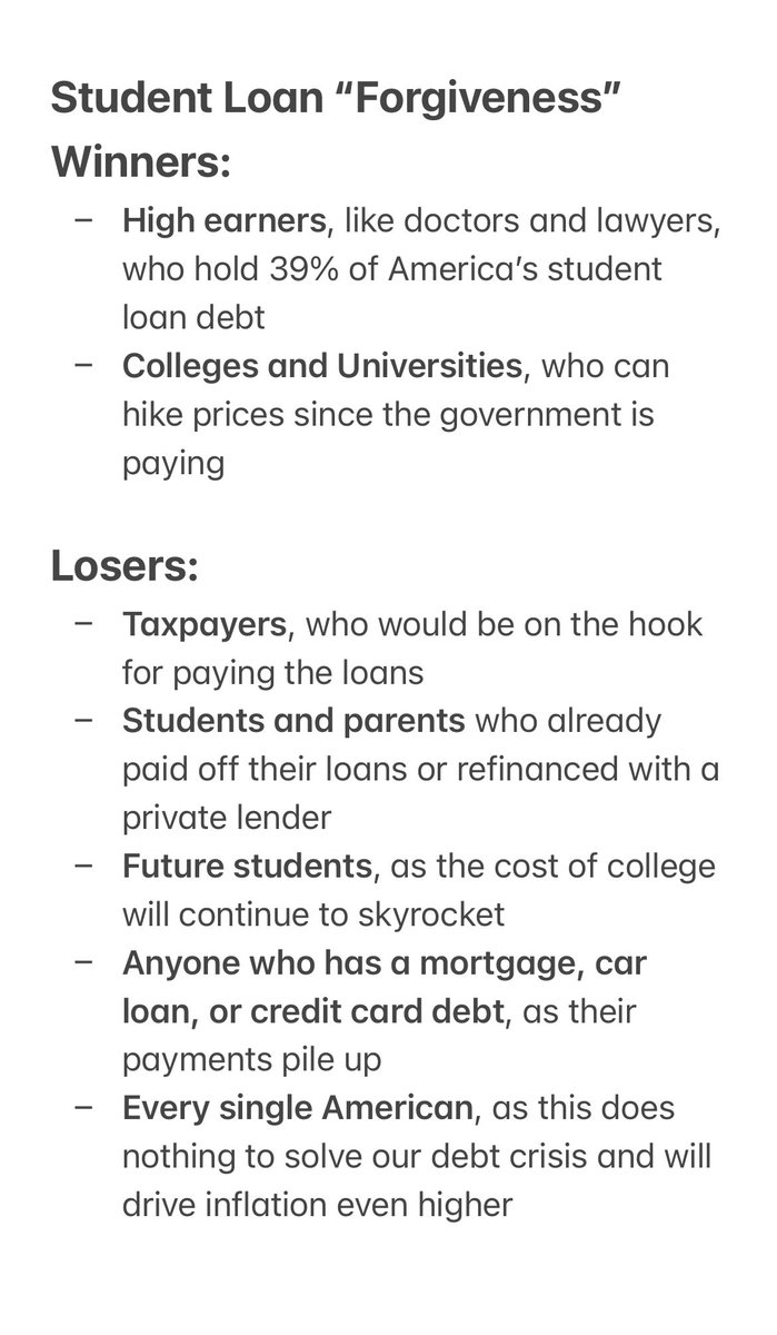 SpeakerMcCarthy's tweet photo. FACT → Debt cannot be "forgiven." It can only be transferred. Someone always has to pay.  

As Socialist Democrats plot a transfer of student loan debt, here is who wins and who loses: https://t.co/q8np28j6bP