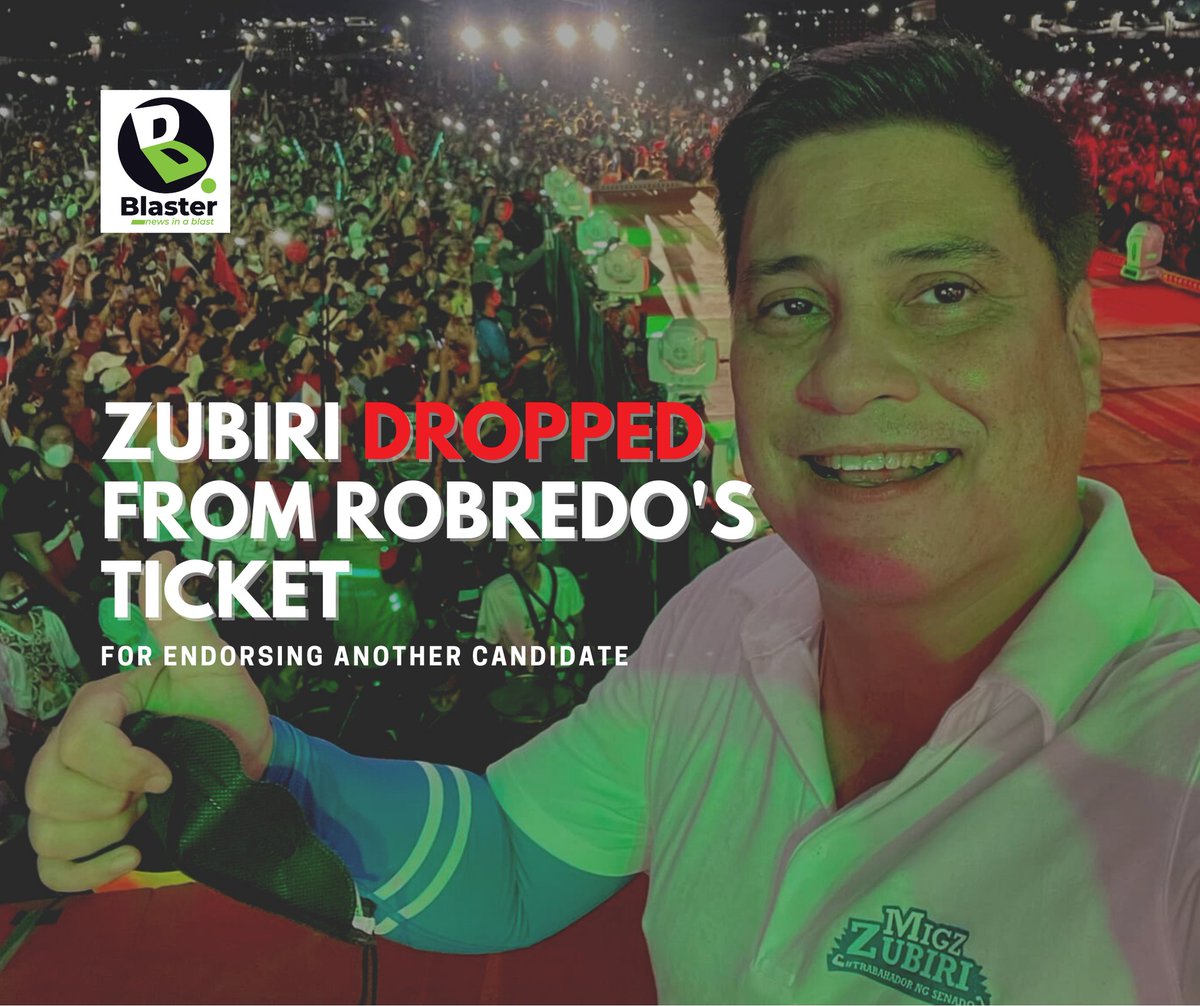 JiggerJerusalem's tweet photo. Sen. Migz dropped from VP Leni's lineup

For openly endorsing another presidential candidate, Senate Majority Leader Juan Miguel "Migz" Zubiri has been dropped from the ticket of Vice President Leni Robredo, according to her spokesperson Barry Guiterrez, based on media reports. https://t.co/gq7elPkAgB