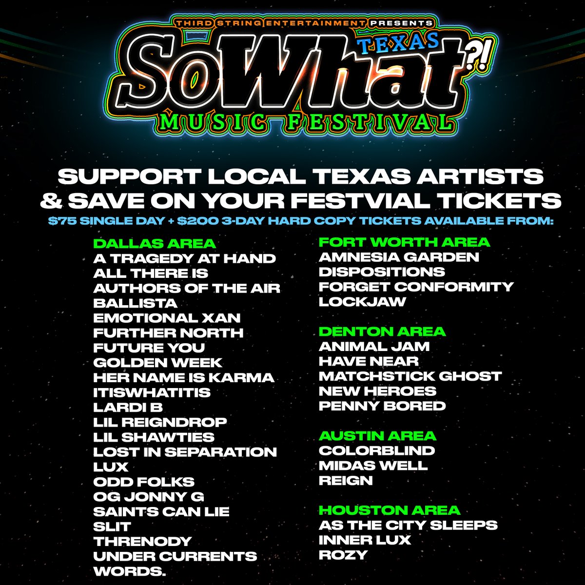 Here is an *UPDATED* list of DFW / Houston / Austin area artists that are selling discounted hard copy tickets. 

Please reach out to them via their social media if you'd like to save money.

Support locals and save on your tickets!

Locals are paid for every ticket they sell.