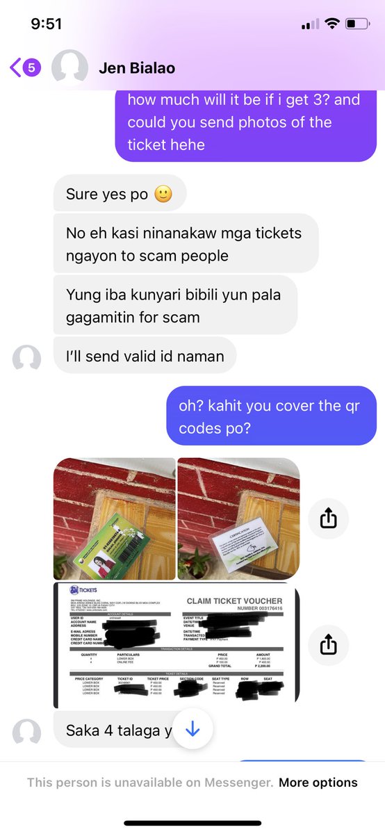 AnimOBFcutie's tweet image. [SCAMMER ALERT] I just got scammed over 2k by this account “Jen Bialao”. She said she had UAAP Tickets so I bought it and she kept stalling when I asked for the tracking link. She ended up blocking me as well. I will definitely take legal actions. 

See screenshots. Part 1