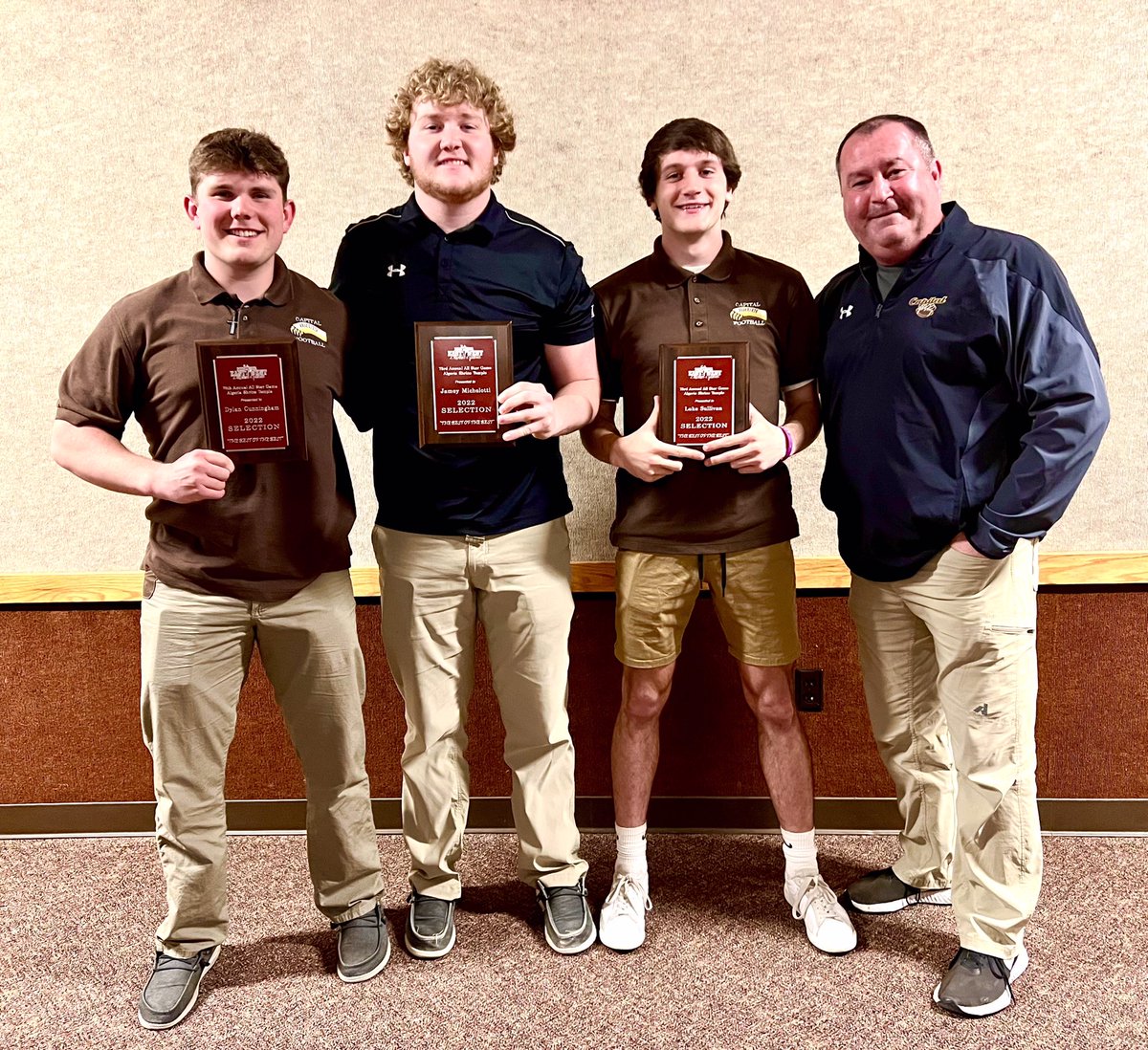 Congratulations to these young men being selected for the Shrine Game. Had a great night celebrating Dylan Cunningham, <a href="/MichelottiJamey/">Jamey Michelotti</a> and Luke Sullivan. #Gobru <a href="/FootballBruins/">CHS Football</a>