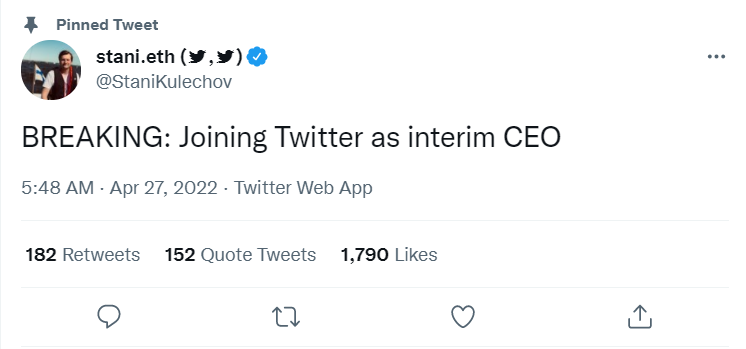 WuBlockchain's tweet photo. Aave founder Stani Kulechov has been banned from Twitter after joking about being Twitter's interim CEO. https://t.co/TXYnR6SKdz