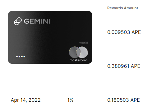 earnapecoin's tweet photo. Get $APE cashback on credit card purchases! I get 1% cashback paid in Apecoin with the Gemini Credit Card. 

More Info -> https://t.co/76nHx1gbHl <-
#apecoin $ape @Gemini https://t.co/ckedWM2NQc