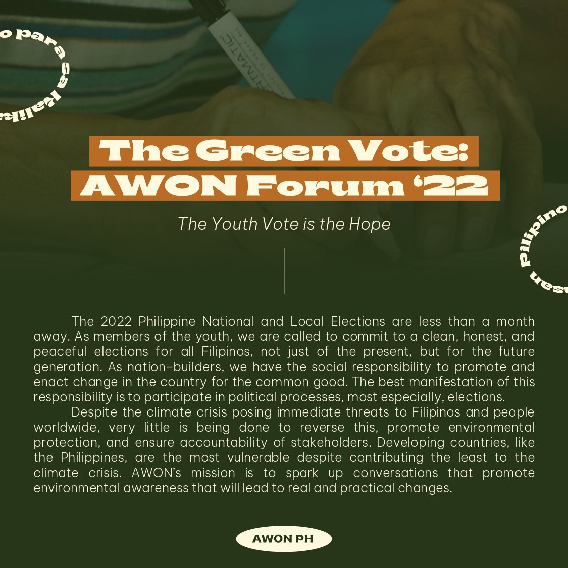 awonph's tweet photo. [THREAD]
Good morning, Kabataan! 🌻
We are back and we have something for you! AWON PH is proud to present to you a sociopolitical and environmentally focused forum that aims to discuss real solutions to environmental problems. https://t.co/j7woPiuT7S