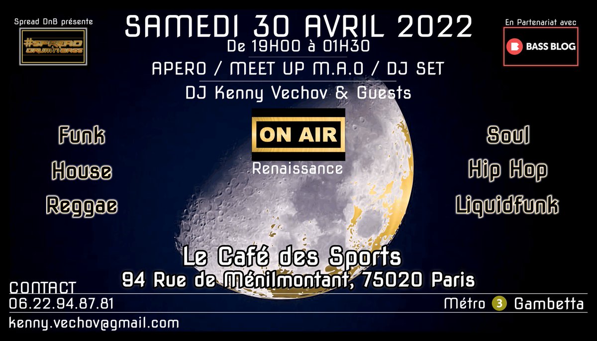 Vechov's tweet photo. Before On Air !
Apéro / Meet Up M.A.O / DJ Set en Partenariat avec @bass_blog !

Samedi 30 Avril 2022
De 19h00 à 01h30

Le Café Des Sports
94 Rue de Ménilmontant,
75020 Paris

C'est clair comme une Lune Pleine ou bien je recommence ? 
https://t.co/O4ysBVcnxm https://t.co/3WRM6kkFdD