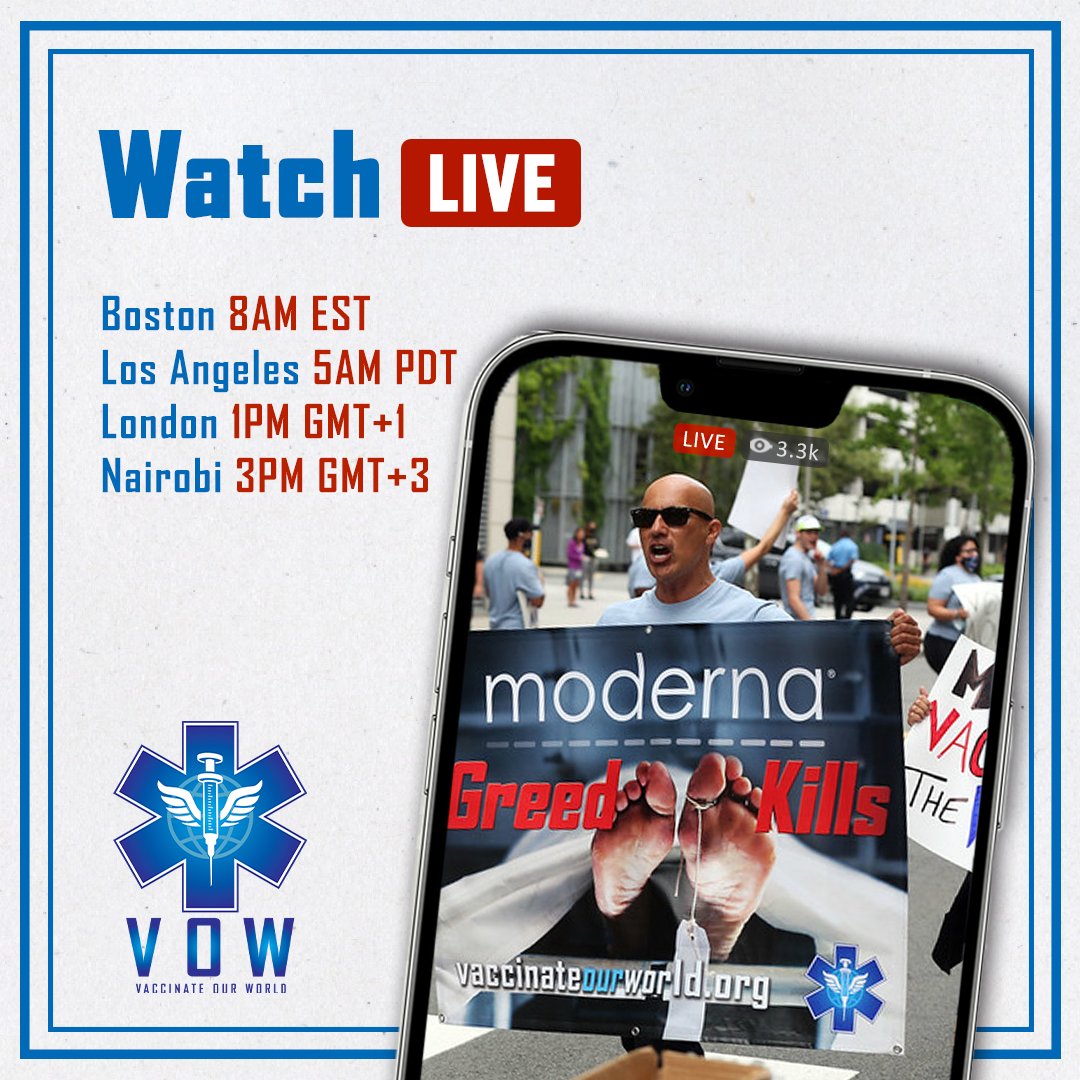AHFcares's tweet photo. Vaccinate Our World (#VOW) advocates are protesting tomorrow 4/28 at @moderna_tx HQ in Cambridge, MA! Please help us spread the word and join us as we live-stream the protest starting at 8AM EST and hold #BigPharma accountable for putting lives before profits! https://t.co/o0XBty2au5