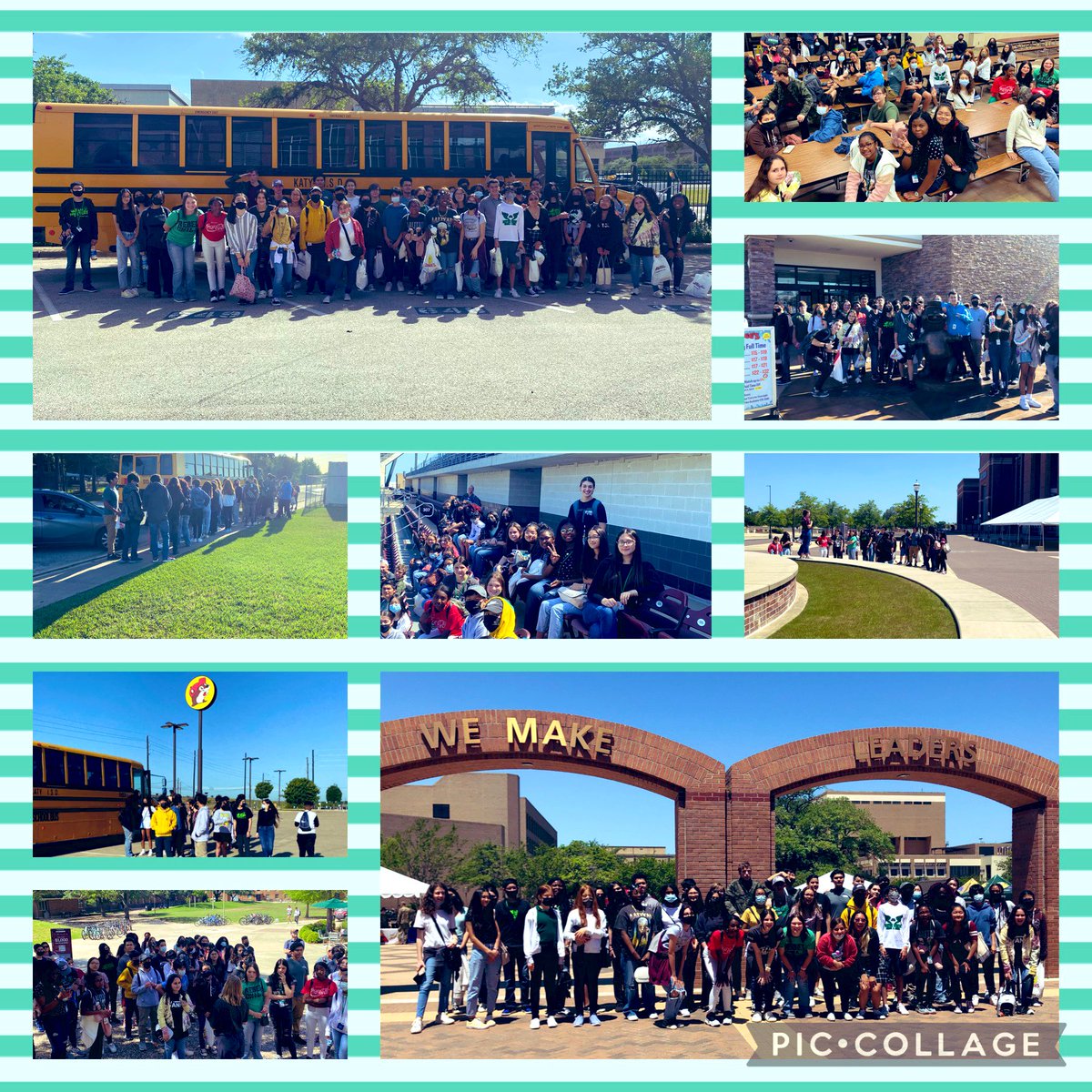 NJHS and StuCo off to <a href="/TexasAggieFB/">TexasA&M</a> for a college visit!📚 We had to stop and take a picture under “we make leaders” because these amazing people will do some spectacular things as the grow. 🐊#maydeusproud <a href="/MCJHGators/">Mayde Creek JH</a>