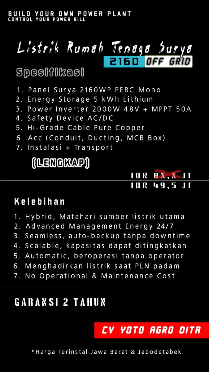 SusantoMulyono2's tweet photo. Izin jualan Pak.. Bu, Setelah lebaran siapa tau mau coba listrik tenaga surya untuk kebutuhan 1 rumah.

Rekomendasi Daya PLN 900/1300VA
Bisa juga dipasang pada rumah Daya 2200VA

Termasuk instalasi s.d. berfungsi  
(Jawa Barat &amp; Jabodetabek)
Harga s.d. Mei 2022

Terimakasih.. 🙏 https://t.co/ULLePAtPaT